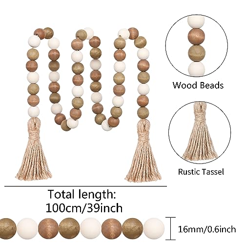 39-inch Wood Bead Garland with Tassels, Rustic Farmhouse Boho Decor