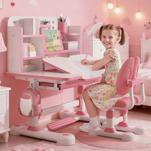 Adjustable Kids Study Desk and Chair Set with Tiltable Desktop and Storage