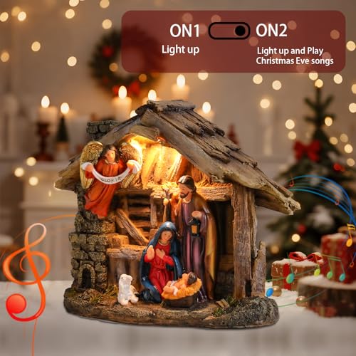 Resin Nativity Set with LED Lights & Music - Tabletop Manger Figurine