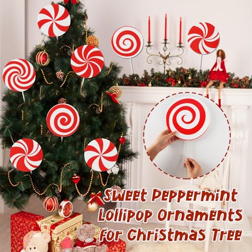 12-Piece Peppermint Lollipop Christmas Tree Picks, 7.87 Inch Red & White