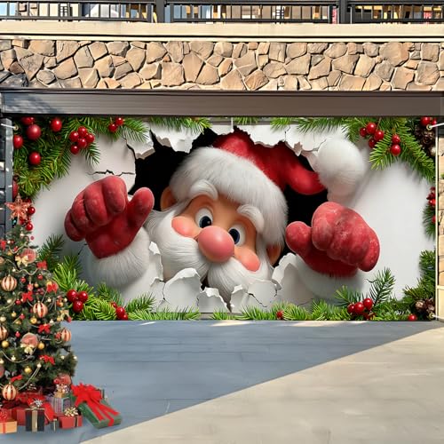 Santa Claus Breaking Through Wall Christmas Garage Door Cover - 16ft x 7ft, 3D Holiday Decoration
