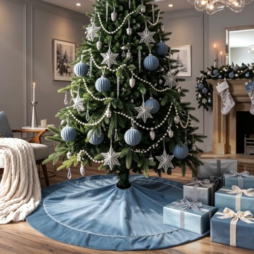 Blue and Silver Christmas Tree Skirt 48 Inch Luxury Velvet for Winter Holiday Decor
