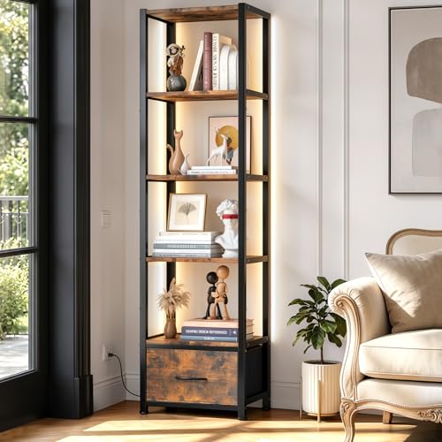 6-Tier Tall Corner Bookshelf with LED Lights and Fabric Drawer, 60.6-inch