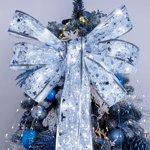 Ouddy Life 32ft Silver-White Christmas Ribbon Fairy Lights - Double Mesh LED String for Holiday Tree Decor
