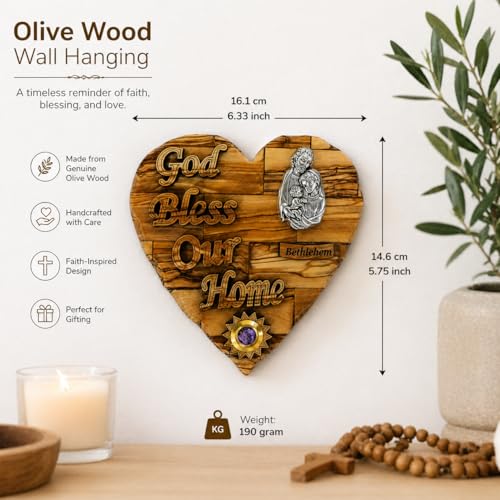 Olive Wood Holy Family Heart Plaque – Bethlehem Carved Wall Decor with Pewter Medallion & Frankincense Capsule