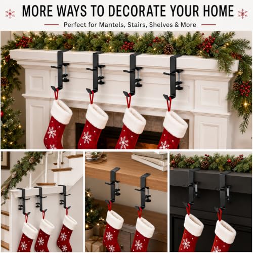 Adjustable Christmas Stocking Holders for Mantle - 4 Pack Black Metal Hooks