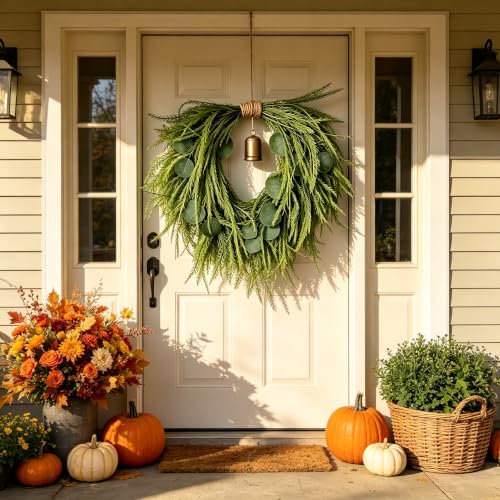Artificial Heart-Shaped Wreath with Copper Bell 18 Inch Heart Leaves - Greenery Decor