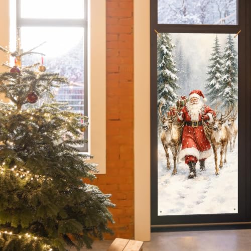 Santa Reindeer Christmas Door Cover - 35x79 in Reusable Curtain - JINYO
