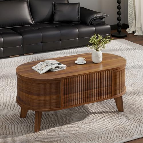 Fluted Lift Top Coffee Table with Hidden Storage, Walnut Wood Oval Table