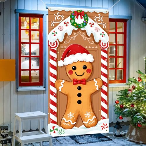 72in Christmas Gingerbread Door Cover, Fabric Banner Decor for Indoor/Outdoor Festive Front Door
