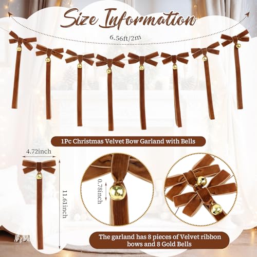 Christmas Velvet Bow Garland with Bells – Pre-Strung 8 Bows Mantel Staircase Decor