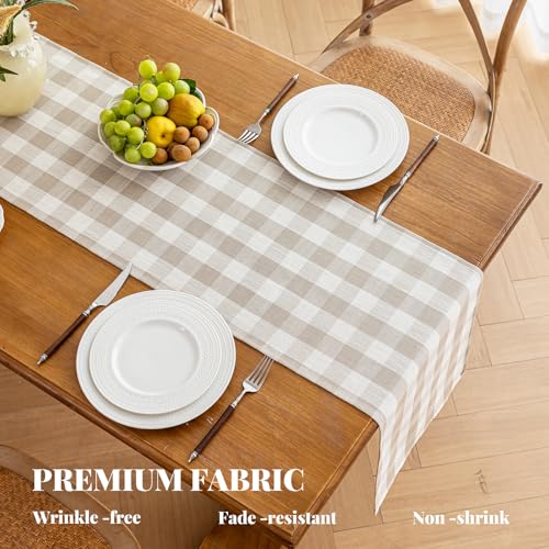 Alsoo Beige Gingham Table Runner 13 x 90 in - Cotton Linen Farmhouse Decor, Wrinkle Free
