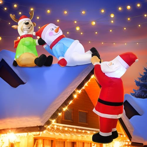 Christmas Friends 8FT Inflatable Roof Santa Reindeer Snowman Outdoor Decor with LED Lights