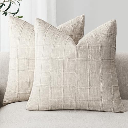 Linen Check Throw Pillow Covers Set of 2, 20x20 Inch - Natural Beige