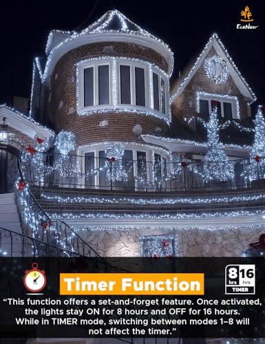 EcoNour 41 Ft 1000 LED Cluster Cool White Christmas Lights - 8 Modes