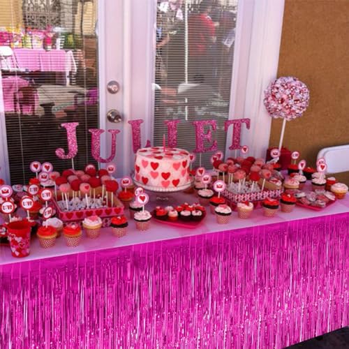 2-Pack Metallic Foil Fringe Table Skirts, Hot Pink Tinsel Party Decor