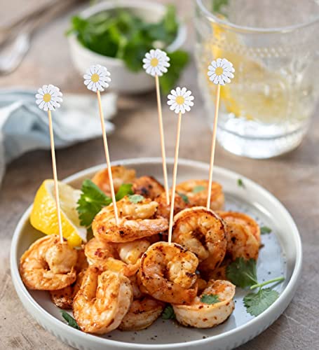 Crafterlife Daisies Spring Floral Cocktail Picks - 100 Eco-Friendly Food Skewers for Party & Appetizers