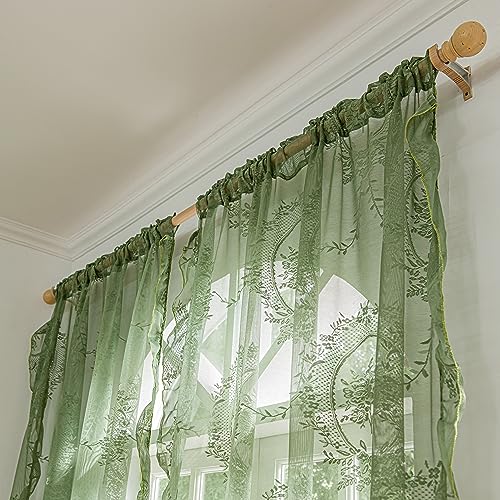 Olive Green Lace Curtains 57W x 72L two panels, farmhouse embroidery, 3