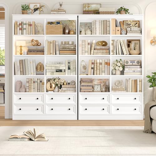 71-Inch Tall Double Wide Bookshelf with 4 Drawers, Modern White Storage Unit