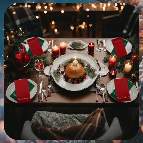 Merry Christmas 100 Pcs Pocket Napkins with Built-in Flatware Pocket (50 Red, 50 Green) - Linen-Feel Disposable