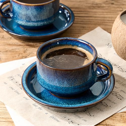 Midnight Tide Porcelain Stackable Espresso Cups & Saucers Set with Metal Stand, 7.4 oz Coffee & Tea Cups