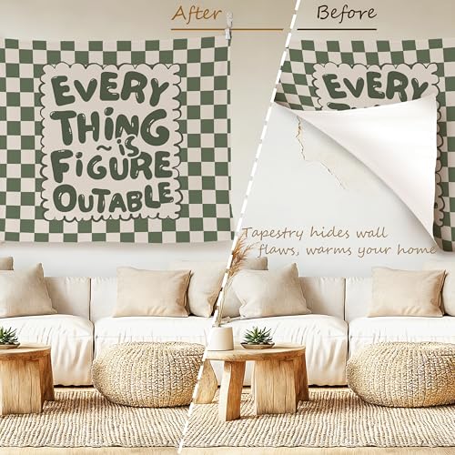 Green Checkered Positive Affirmation Wall Tapestry - 50x60 Inch Wall Decor
