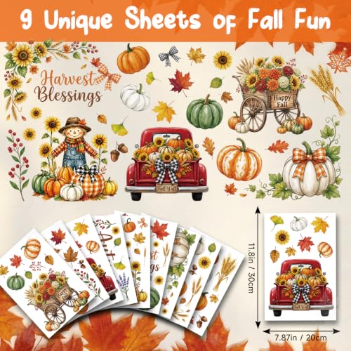 Fall Window Clings - 9 Sheets Pumpkin & Leaf Decals for Home Decor
