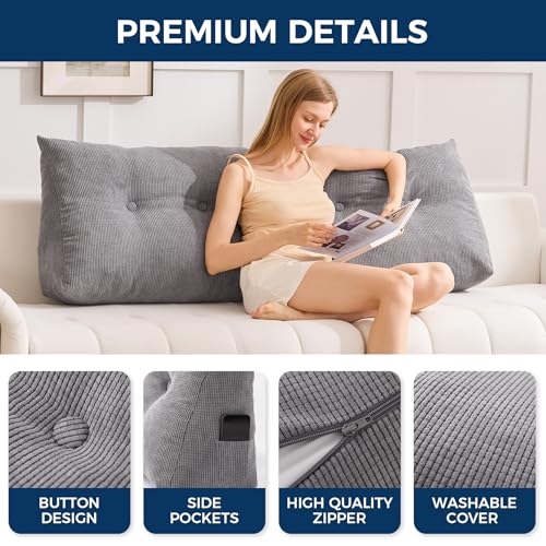 Wedge Headboard Pillow - Triangular Reading Backrest Cushion with Side Pockets