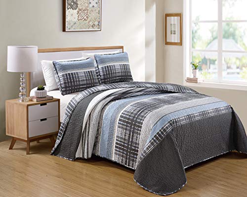 Striped Twin/Twin XL Bedspread Set - Charcoal White Quilt & Pillow Sham