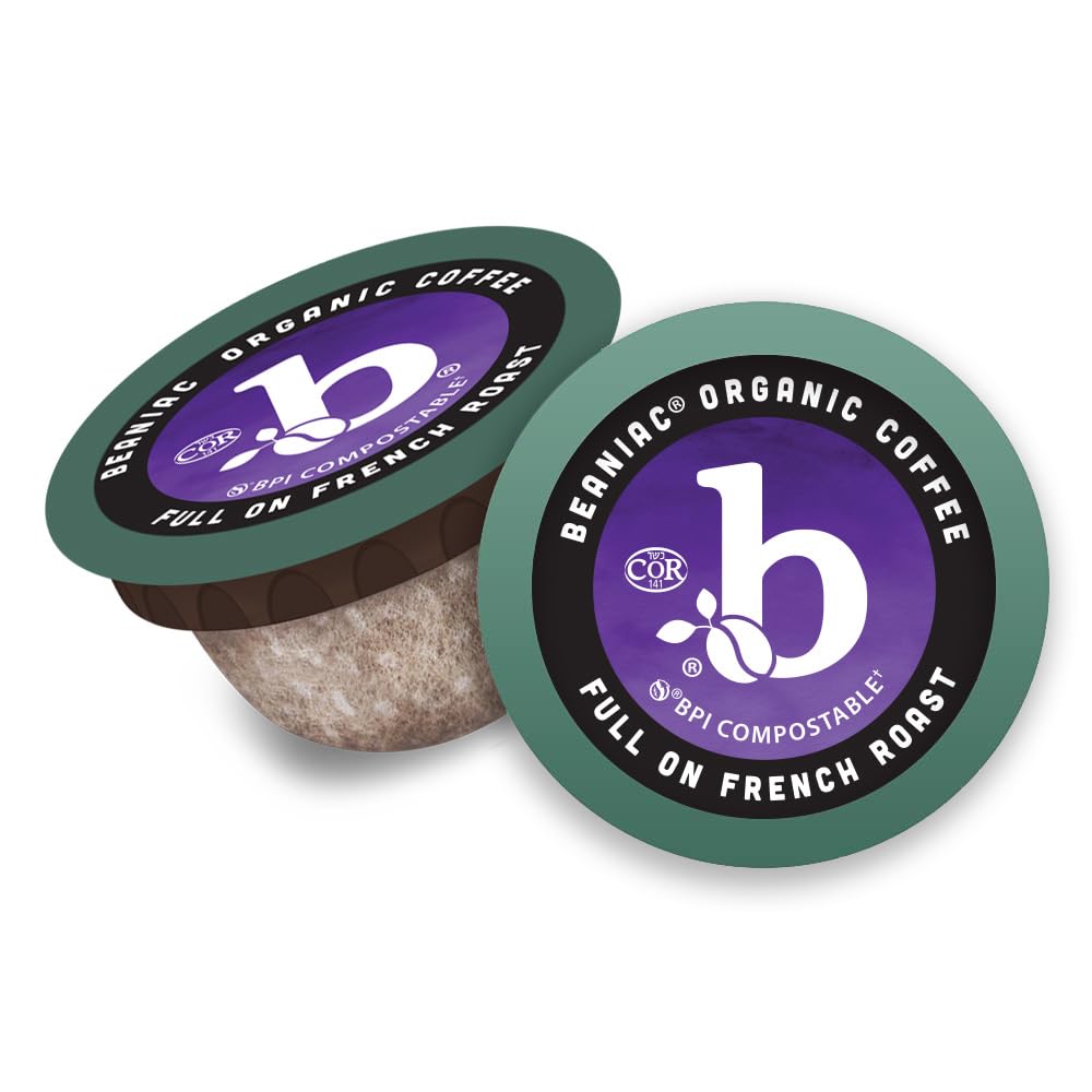 beaniac Organic Full On French Roast, Dark Roast, Single Serve Compostable K Cup Coffee Pods, Organic Arabica Coffee, Keurig Brewer Compatible, 72 Count