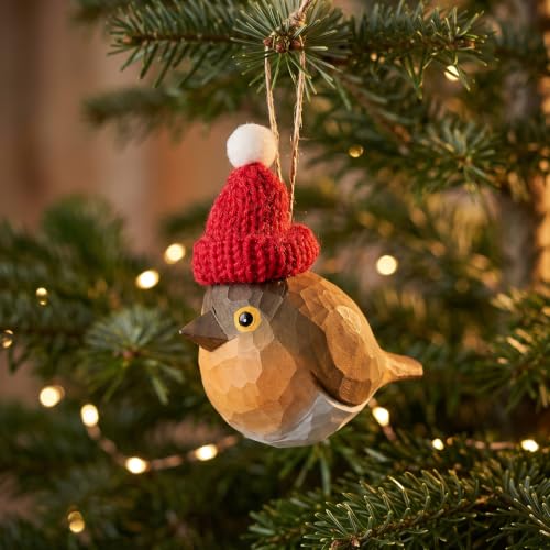 European Robin Wooden Christmas Ornament - Rustic Handcarved Holiday Decor