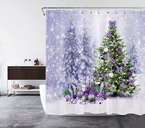 Purple Christmas Tree Shower Curtain 72x72 Inches Waterproof Holiday Bathroom Decor with 12 Hooks