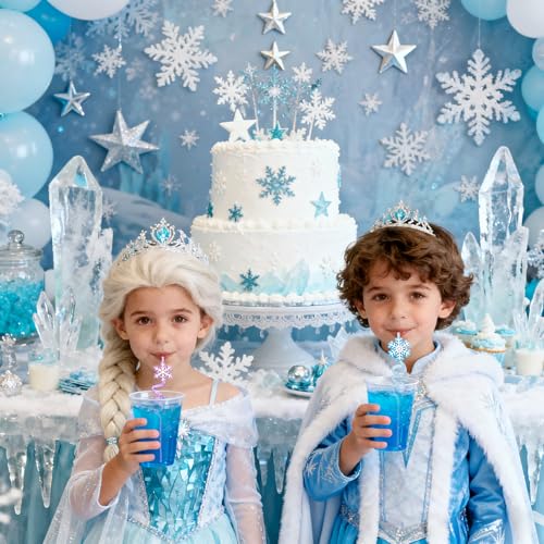 Reusable Frozen Snowflake Drinking Straws with Glitter Toppers - 24 Pcs