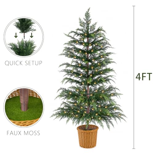 ENJOLLY 2 Pack 4FT Pre-Lit Artificial Cypress Christmas Tree with Woven Basket, Indoor/Outdoor Holiday Decor
