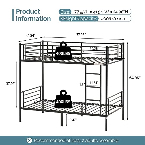 Heavy Duty Twin Over Twin Metal Bunk Bed with Safety Guardrail and Ladder