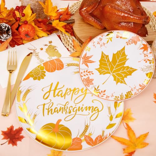 GATHER Thanksgiving Gold Plastic Plates Set with Gold Maple Leaves & Pumpkins