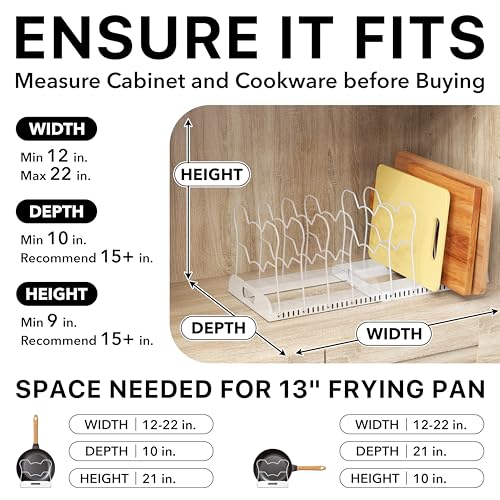 Simple Houseware Expandable Pan Organizer Rack, 10 Adjustable Compartments, White - Kitchen Cabinet Organizer for Pots, Pans, Lids & Bakeware - Pantry & Countertop Storage