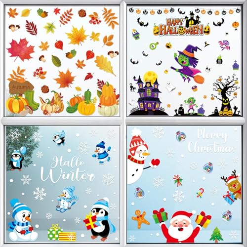 Holiday Window Clings Set - Fall, Halloween, Christmas & Winter Decorations, 160 pcs