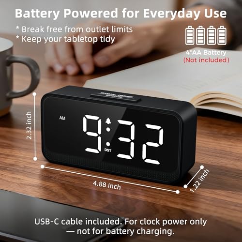 Battery Operated Digital Alarm Clock - Small Cordless Desk & Travel Clock