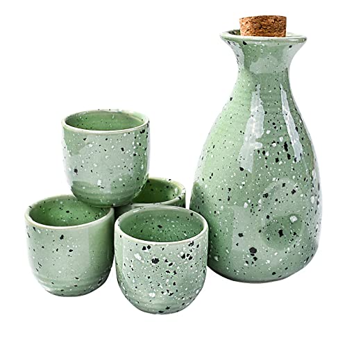 Large Cyan Ceramic Sake Set with Cork Stopper - Moss Green Speckled Drinkingware