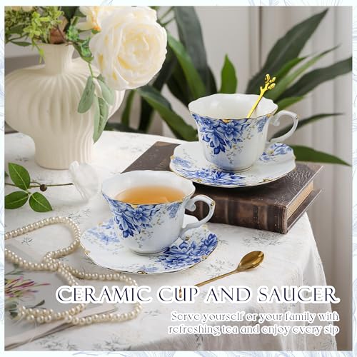Harahiko Blue Country Roses Porcelain Tea Cup and Saucer Set with Gold Trim - Vintage Style, 8.5oz