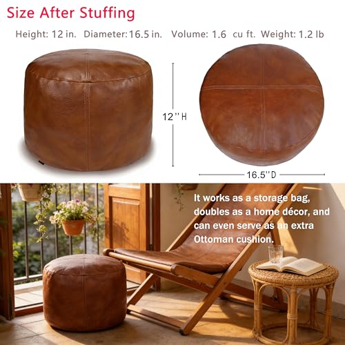 Unstuffed Faux Leather Pouf Ottoman Cover 16.5-inch Floor Footrest
