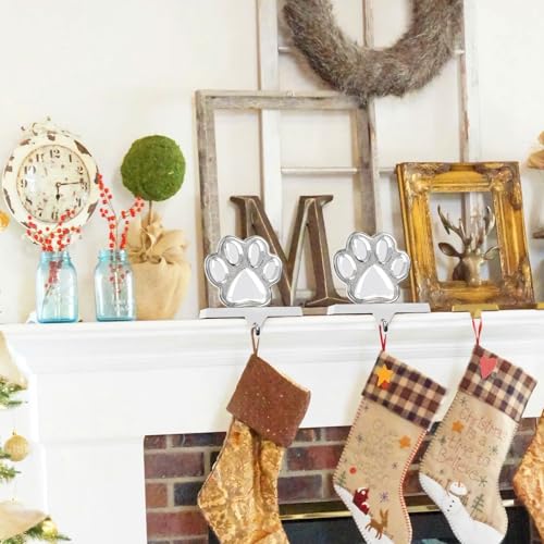 2-Pack Dog Paw Christmas Stocking Holders, Silver Metal Mantel Hangers