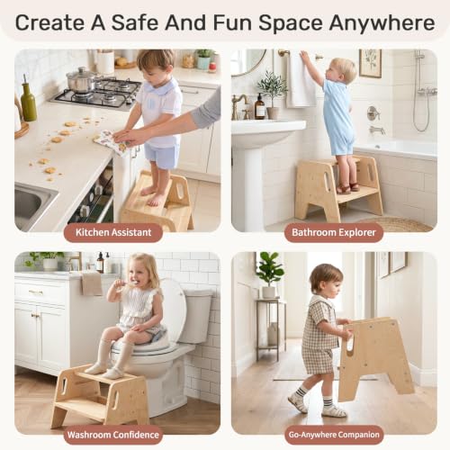 3-Height Adjustable Toddler Step Stool, Wooden Kids Kitchen Helper