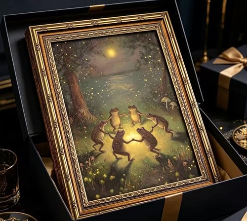 Vintage Gold Framed Frog Wall Art Dancing Frogs Canvas Print