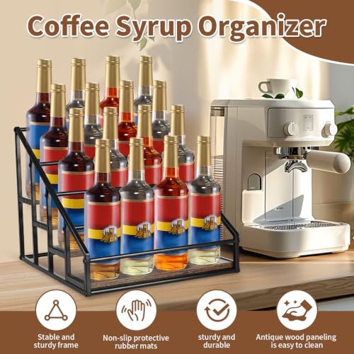 4-Tier Coffee Syrup Organizer Rack - 16 Bottle Rustic Wood Countertop Holder