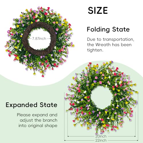 22-Inch Artificial Floral Wreath for Front Door - Colorful Spring Farmhouse