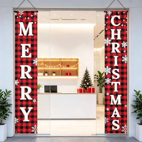 ChunRun Red Buffalo Plaid Christmas Porch Banner Set (2) 71" x 12" - Merry Christmas Outdoor Decor, Front Door & Yard