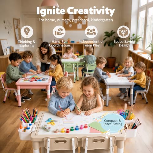 Kids Table and Chairs Set with Storage & Adjustable Height - Grey, 4 Chairs + 1 Table