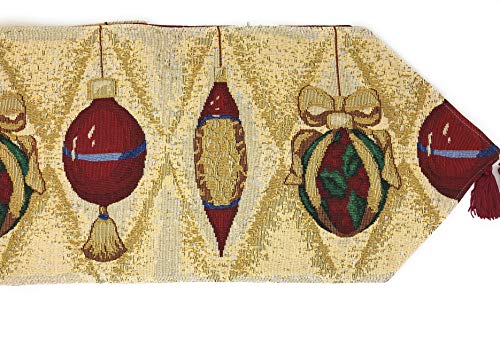 DaDa Bedding 13" x 72" Table Runner - Festive Red Gold Beige Tassels Cotton Linen